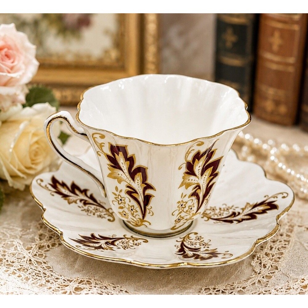 Vintage Rosina Bone China Tea Cup & Saucer Burgundy Gold Floral England